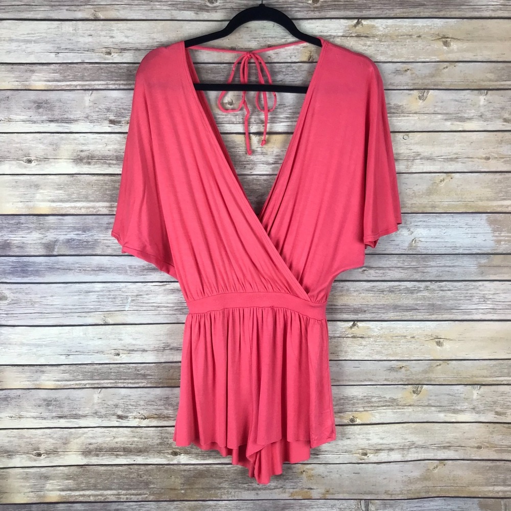 Clayton Romper Womens S Pink Jersey Knit Short Sleeve V-Neck Solid Tie Back